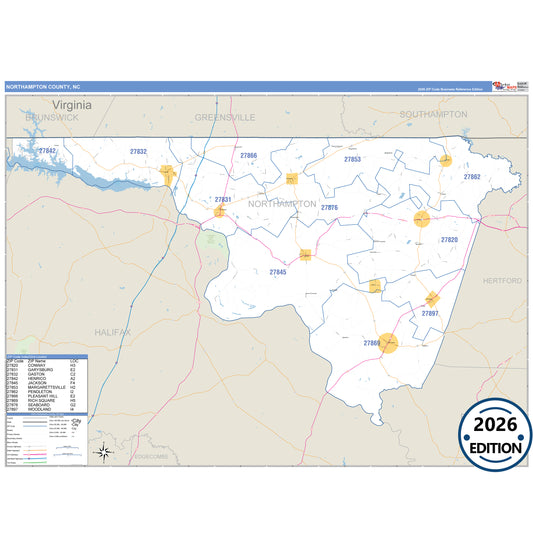 Northampton County, NC Business Reference 5 Digit ZIP Code Wall Map