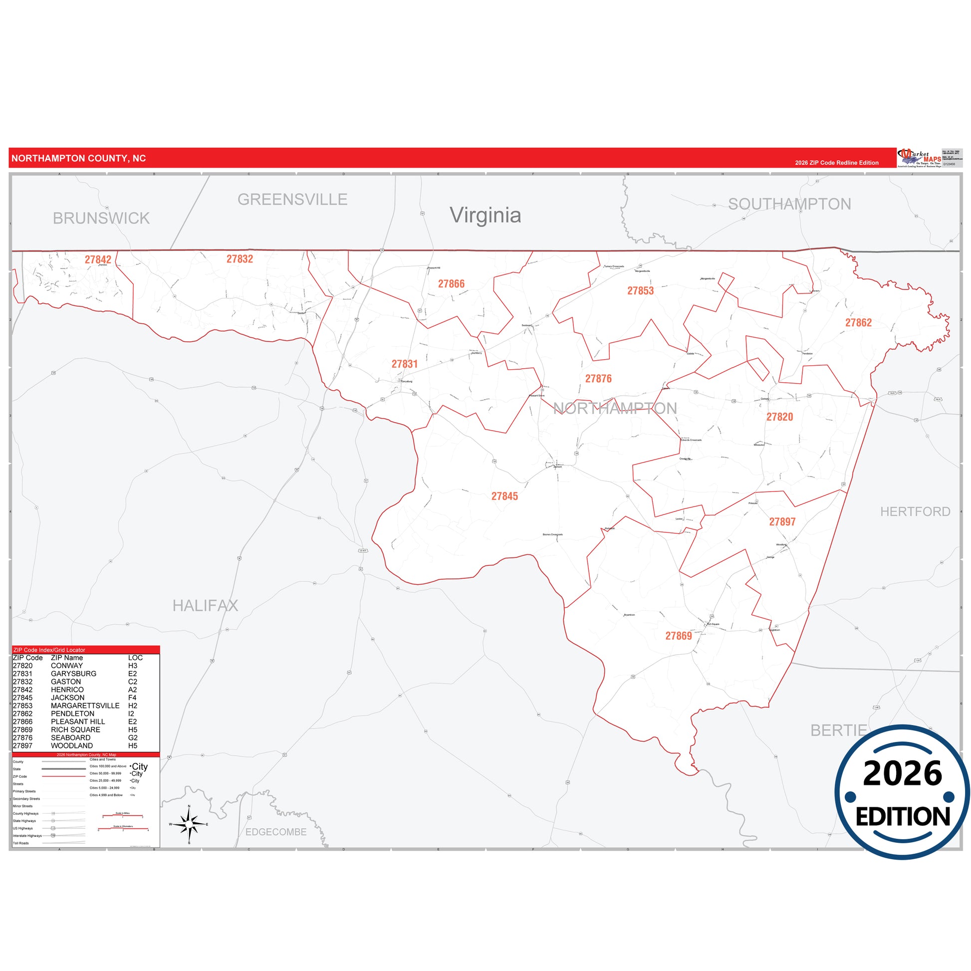 Northampton County, NC Red Line map with detailed roads, cities, and ZIP code boundaries.