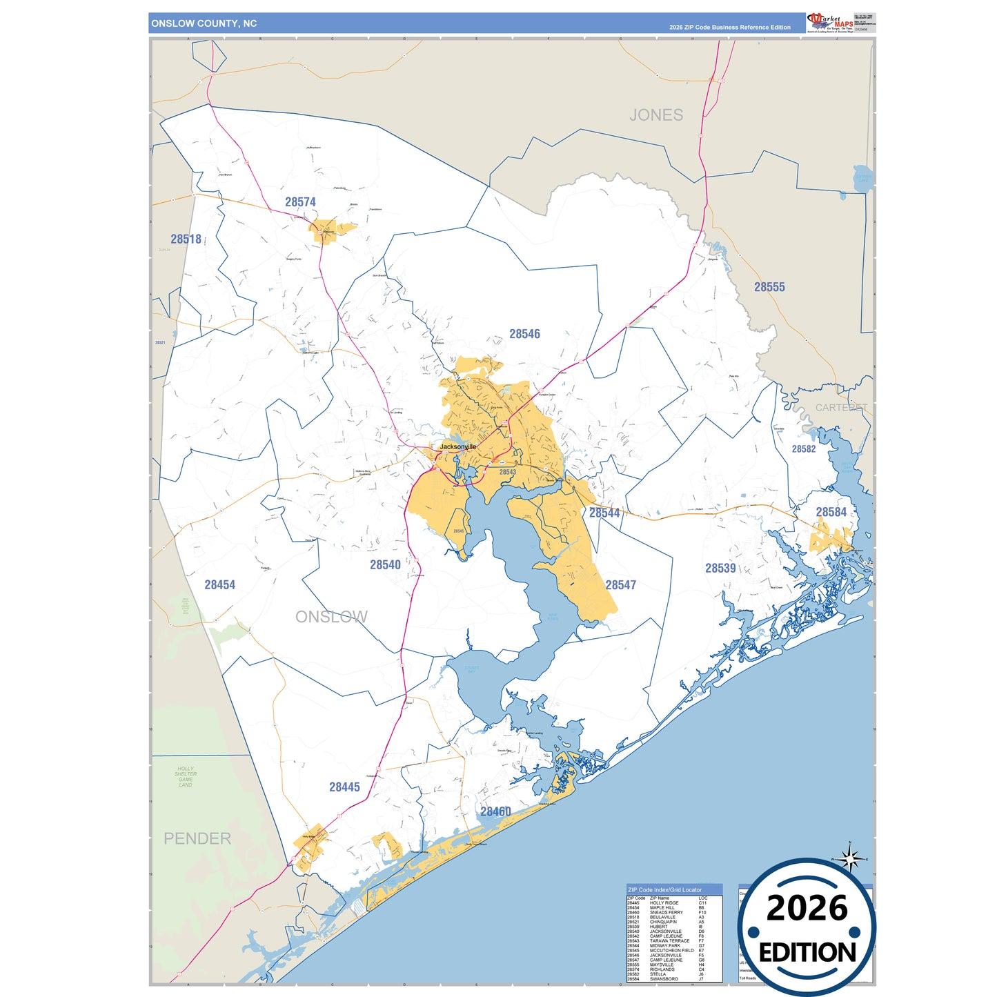 Onslow County, NC Business Reference 5 Digit ZIP Code Wall Map