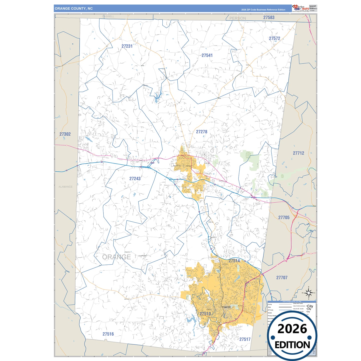 Orange County, NC Business Reference 5 Digit ZIP Code Wall Map