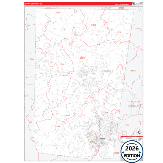 Orange County, NC Red Line 5 Digit ZIP Code Wall Map