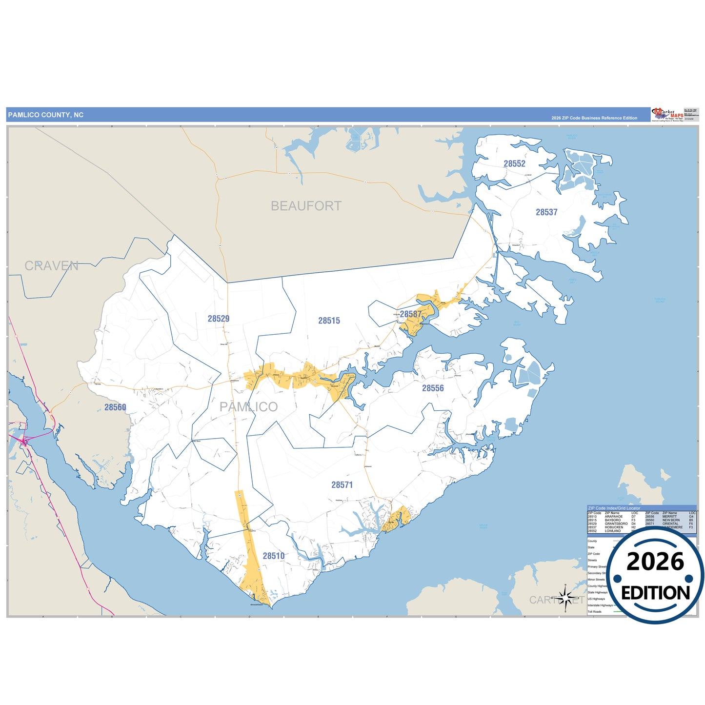Pamlico County, NC Business Reference 5 Digit ZIP Code Wall Map