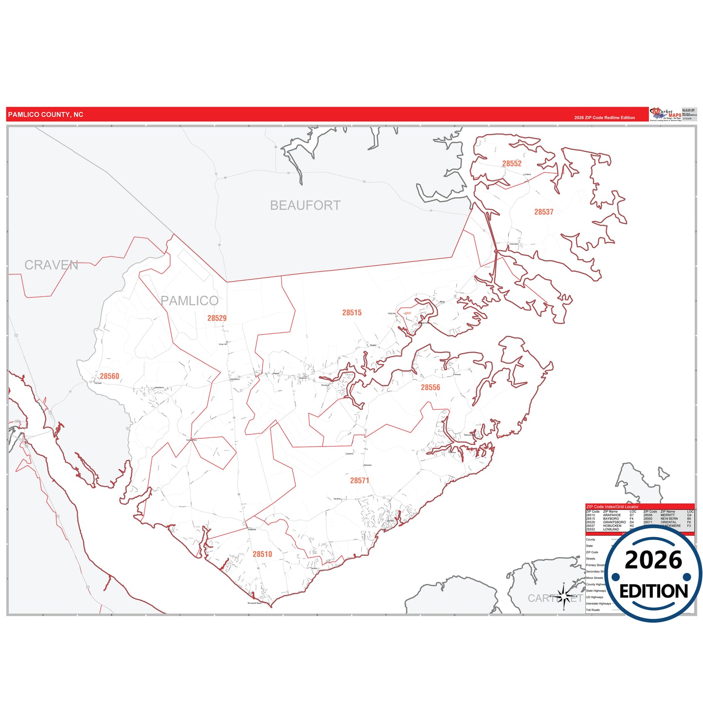 Pamlico County, NC Red Line 5 Digit ZIP Code Wall Map