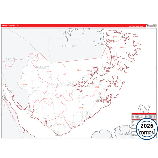 Pamlico County, NC Red Line 5 Digit ZIP Code Wall Map