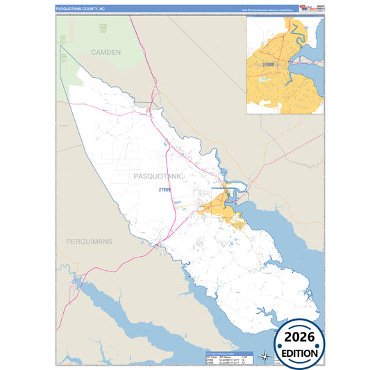 Pasquotank County, NC Business Reference 5 Digit ZIP Code Wall Map