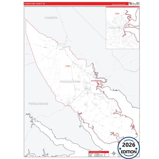 Pasquotank County, NC Red Line 5 Digit ZIP Code Wall Map
