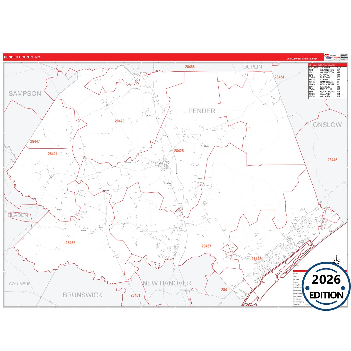 Pender County, NC Red Line 5 Digit ZIP Code Wall Map