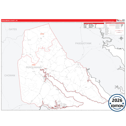 Perquimans County, NC Red Line 5 Digit ZIP Code Wall Map