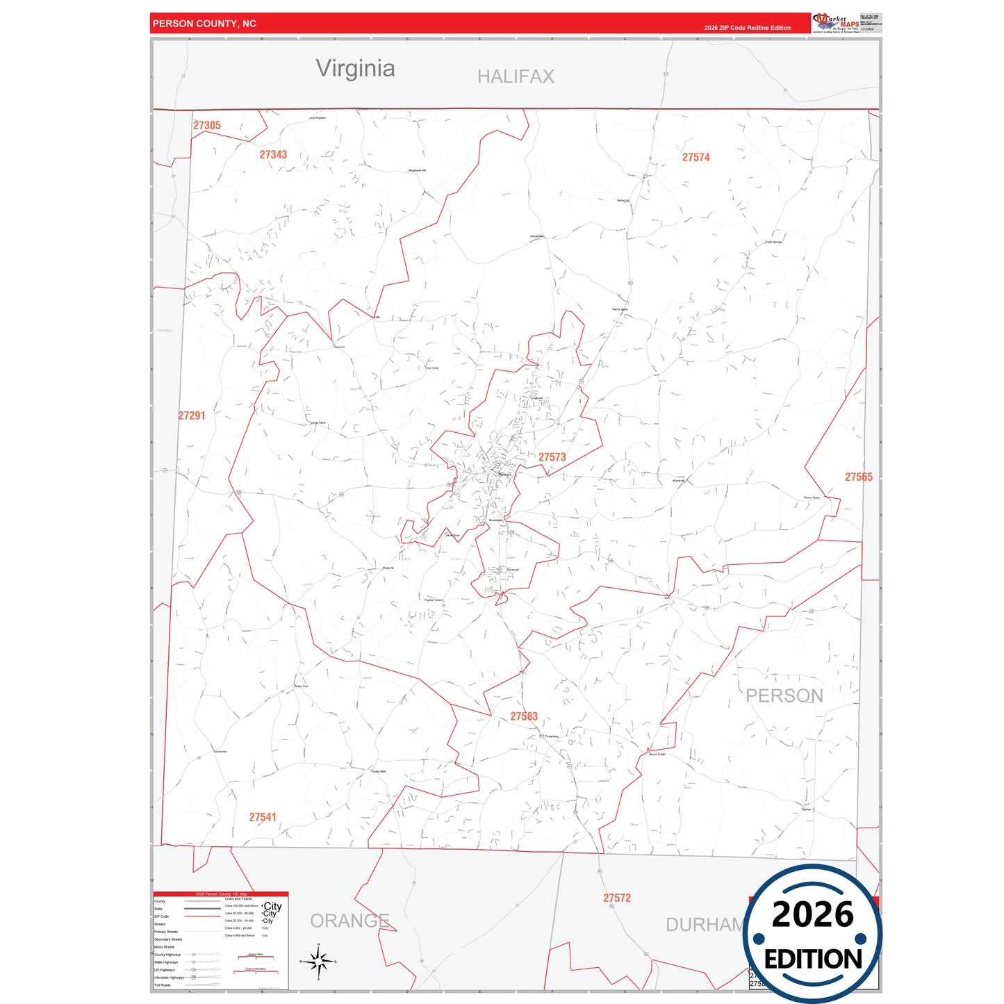 Person County, NC Red Line 5 Digit ZIP Code Wall Map