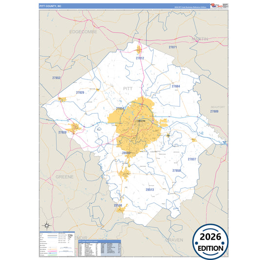 Pitt County, NC Business Reference 5 Digit ZIP Code Wall Map