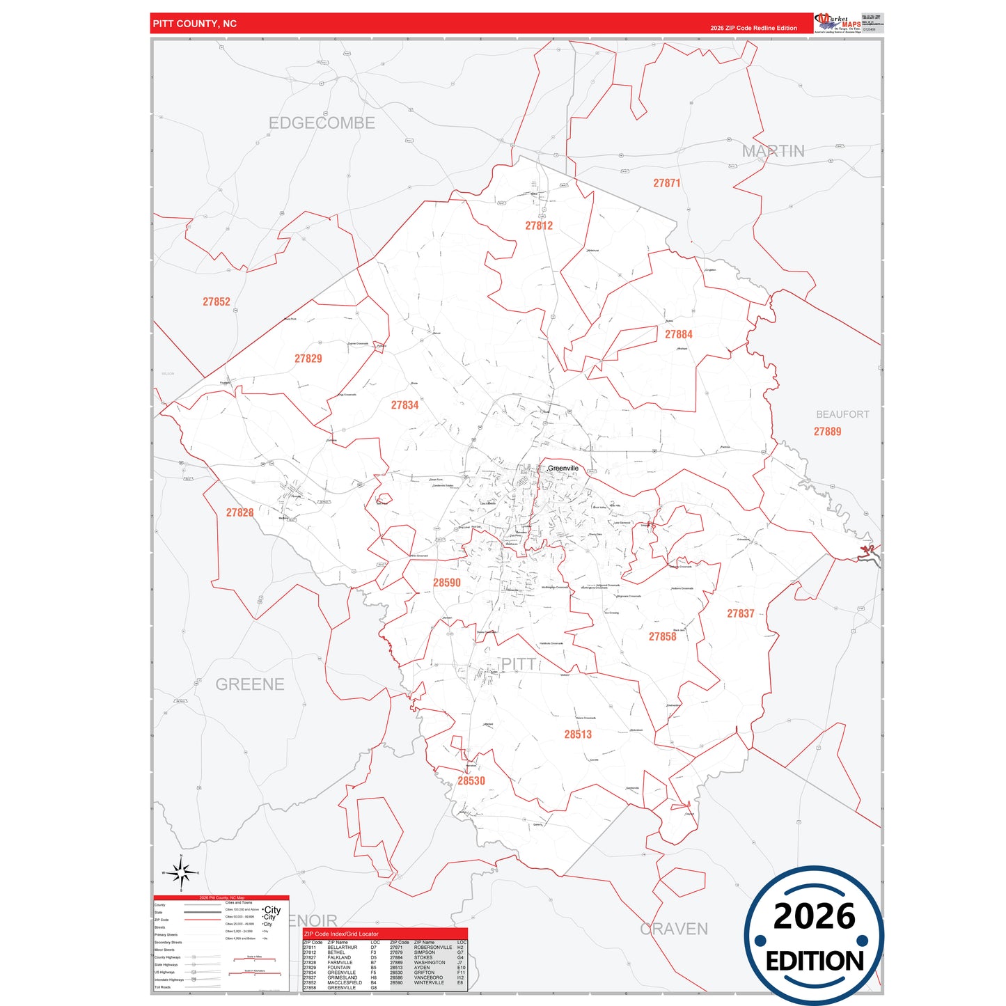 Pitt County, NC Red Line 5 Digit ZIP Code Wall Map