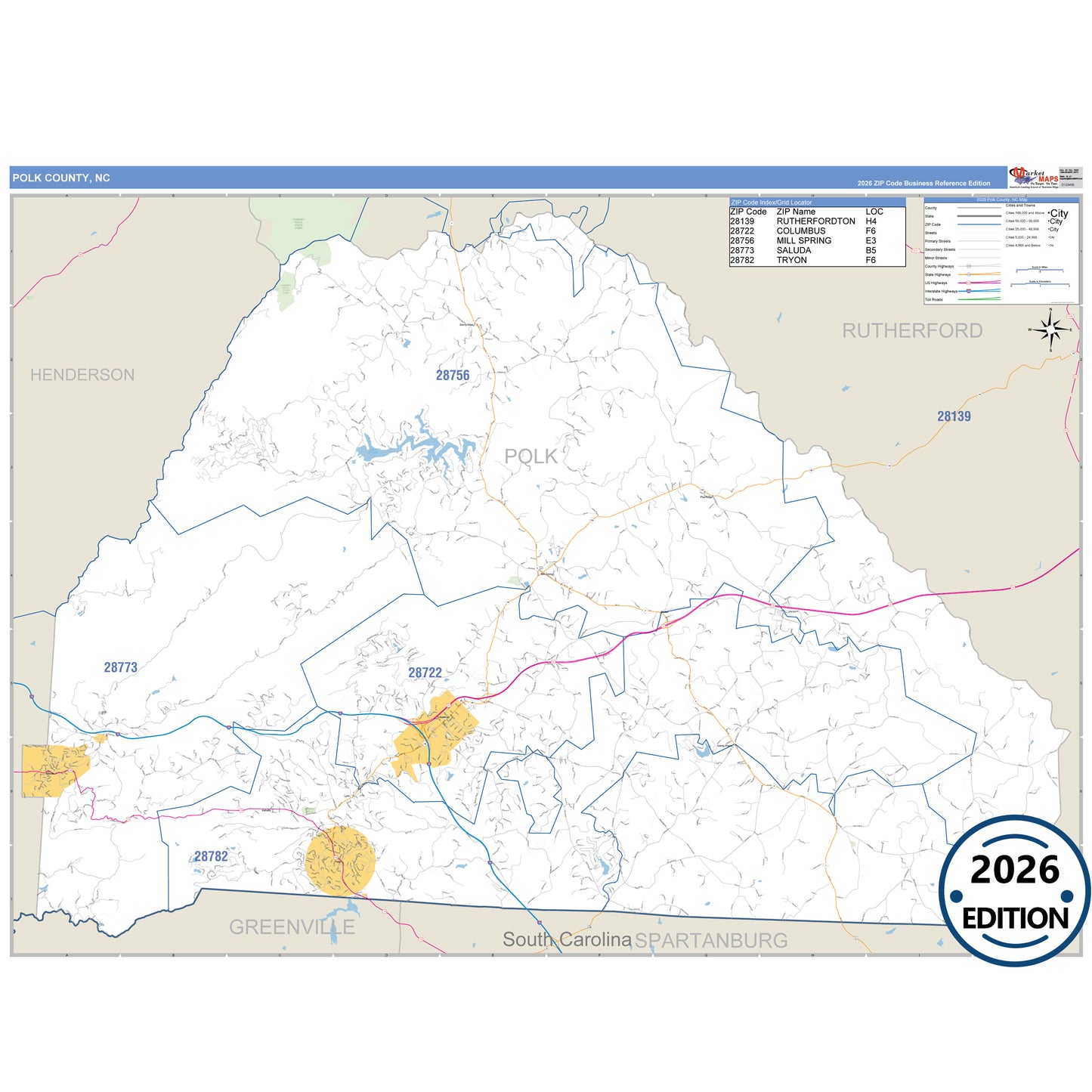 Polk County, NC Business Reference 5 Digit ZIP Code Wall Map