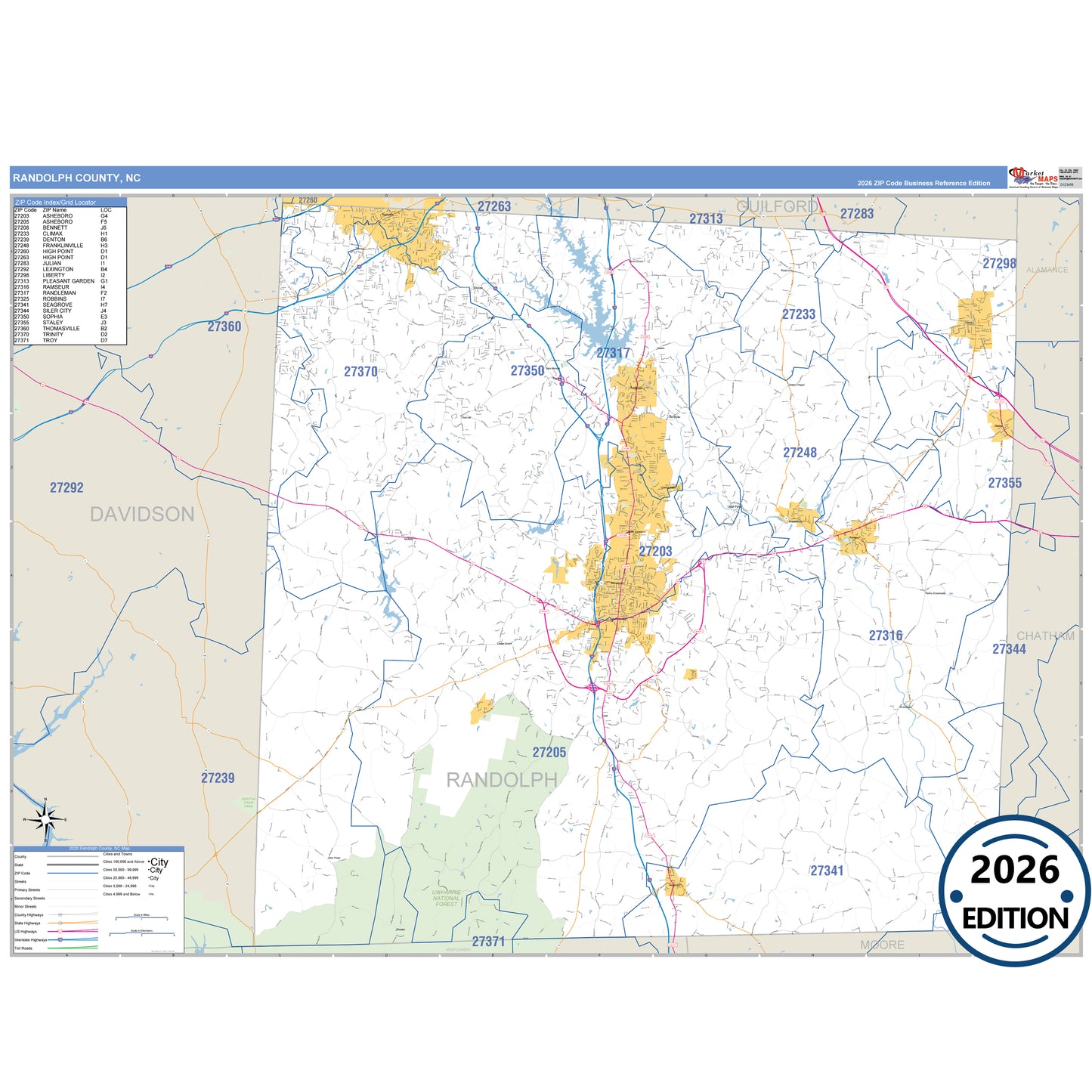 Randolph County, NC Business Reference 5 Digit ZIP Code Wall Map