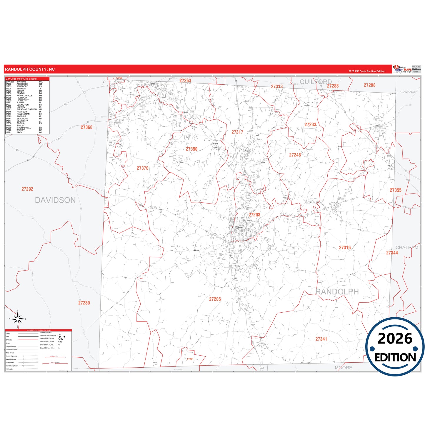 Randolph County, NC Red Line 5 Digit ZIP Code Wall Map