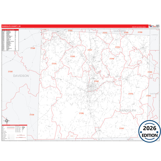 Randolph County, NC Red Line 5 Digit ZIP Code Wall Map