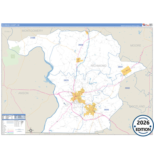 Richmond County, NC Business Reference 5 Digit ZIP Code Wall Map