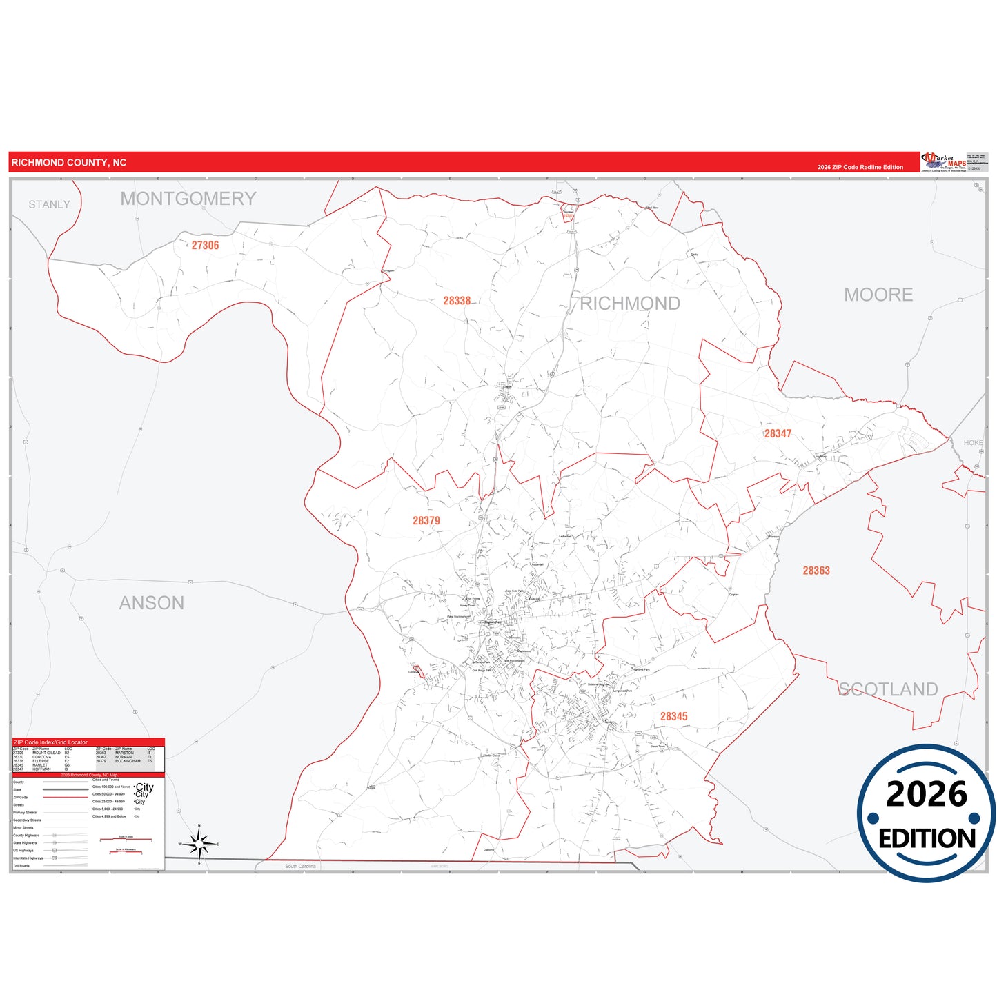 Richmond County, NC Red Line 5 Digit ZIP Code Wall Map