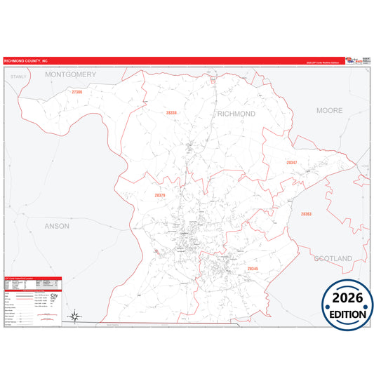 Richmond County, NC Red Line 5 Digit ZIP Code Wall Map