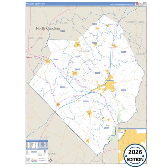 Robeson County, NC Business Reference 5 Digit ZIP Code Wall Map