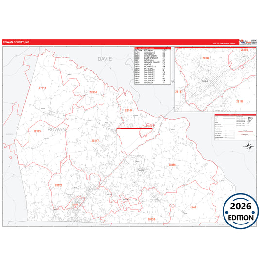 Rowan County, NC Red Line 5 Digit ZIP Code Wall Map