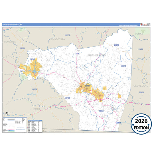 Rutherford County, NC Business Reference 5 Digit ZIP Code Wall Map