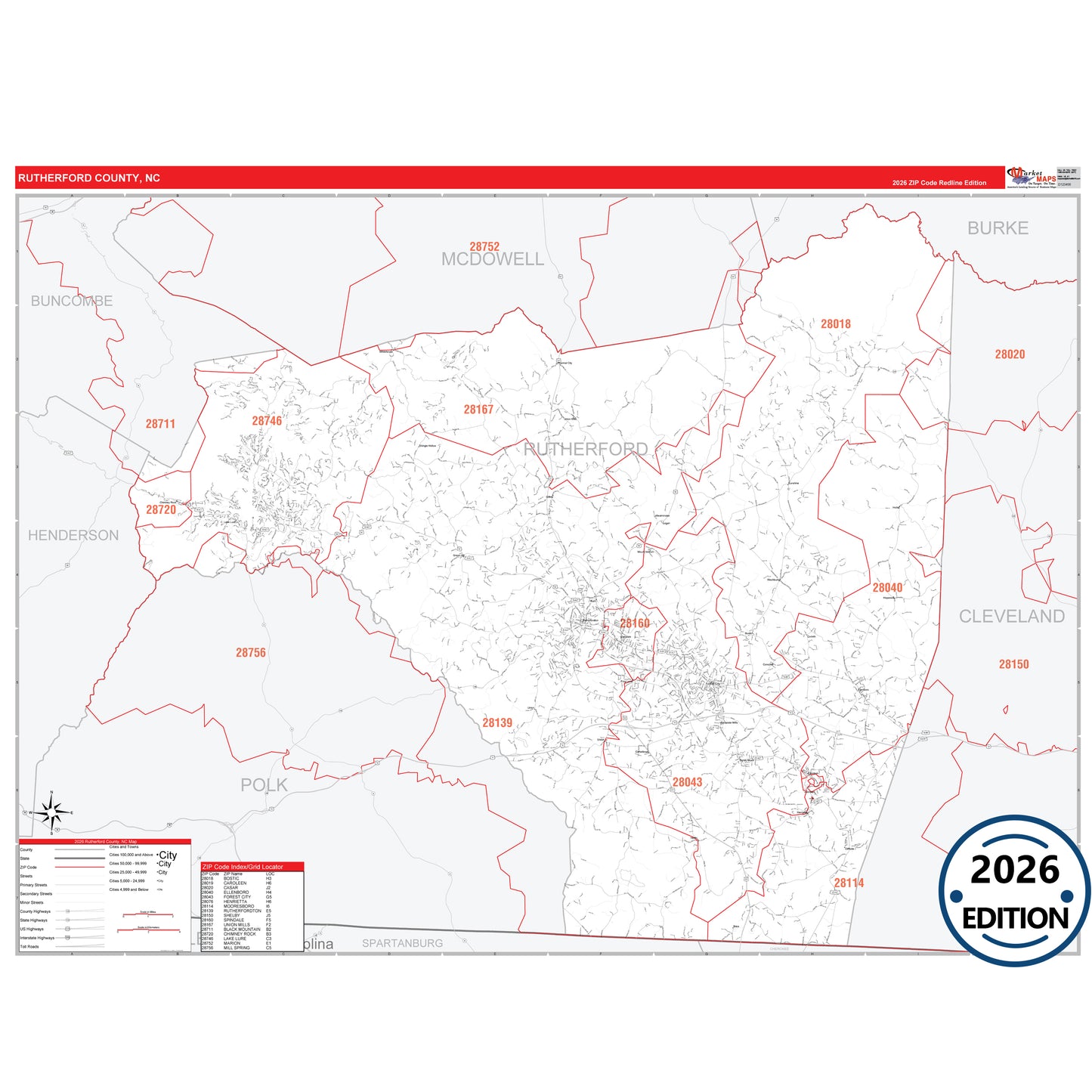 Rutherford County, NC Red Line 5 Digit ZIP Code Wall Map