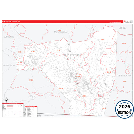 Rutherford County, NC Red Line 5 Digit ZIP Code Wall Map