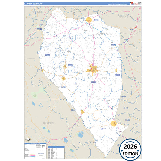 Sampson County, NC Business Reference 5 Digit ZIP Code Wall Map