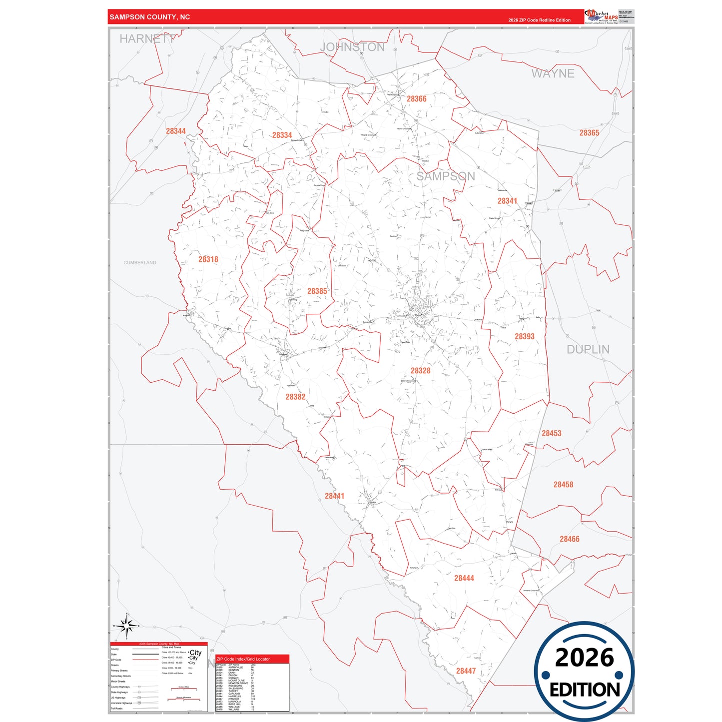 Sampson County, NC Red Line 5 Digit ZIP Code Wall Map