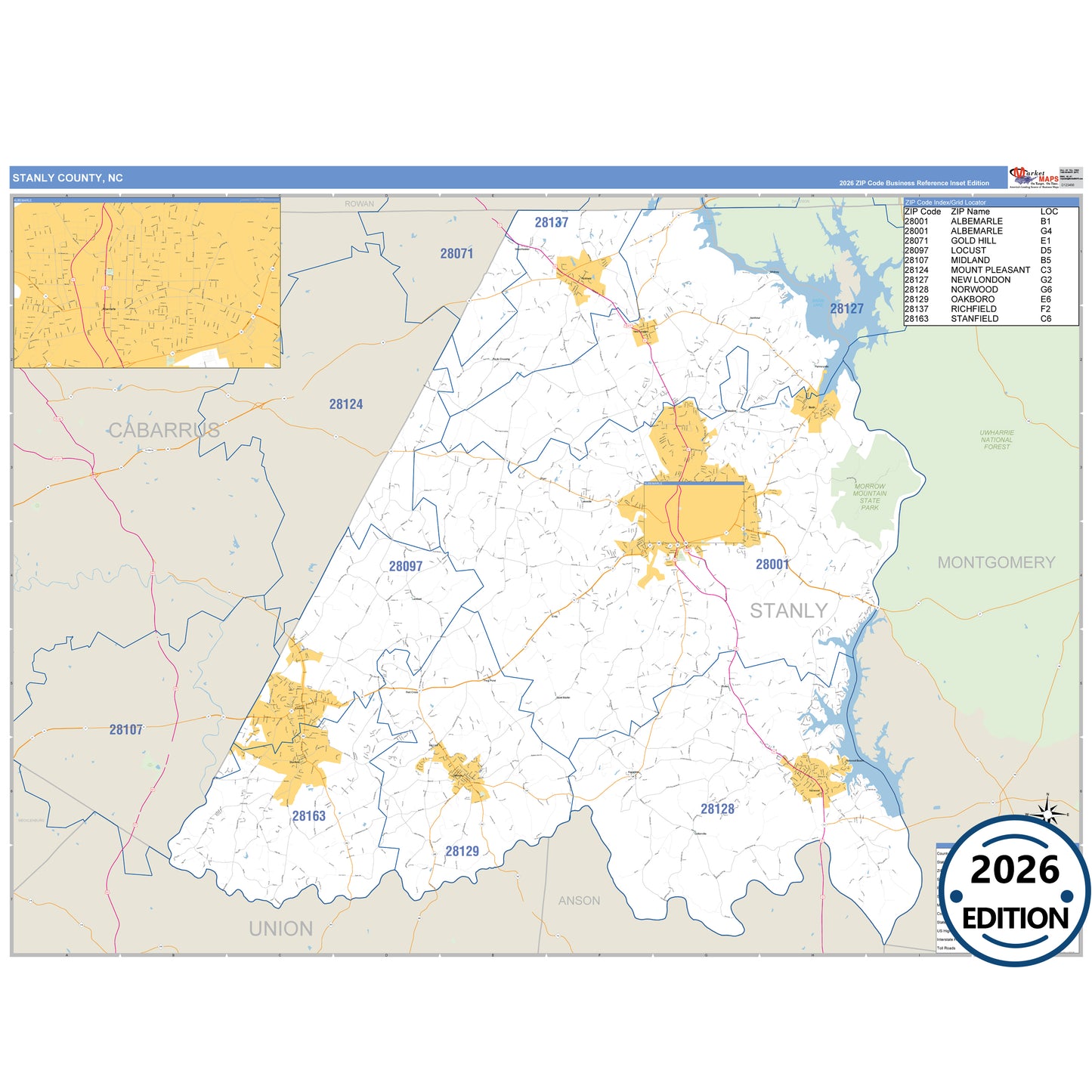 Stanly County, NC Business Reference 5 Digit ZIP Code Wall Map