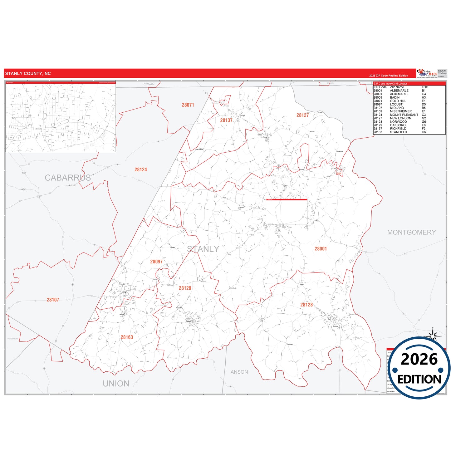 Stanly County, NC Red Line 5 Digit ZIP Code Wall Map