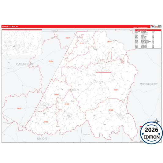 Stanly County, NC Red Line 5 Digit ZIP Code Wall Map