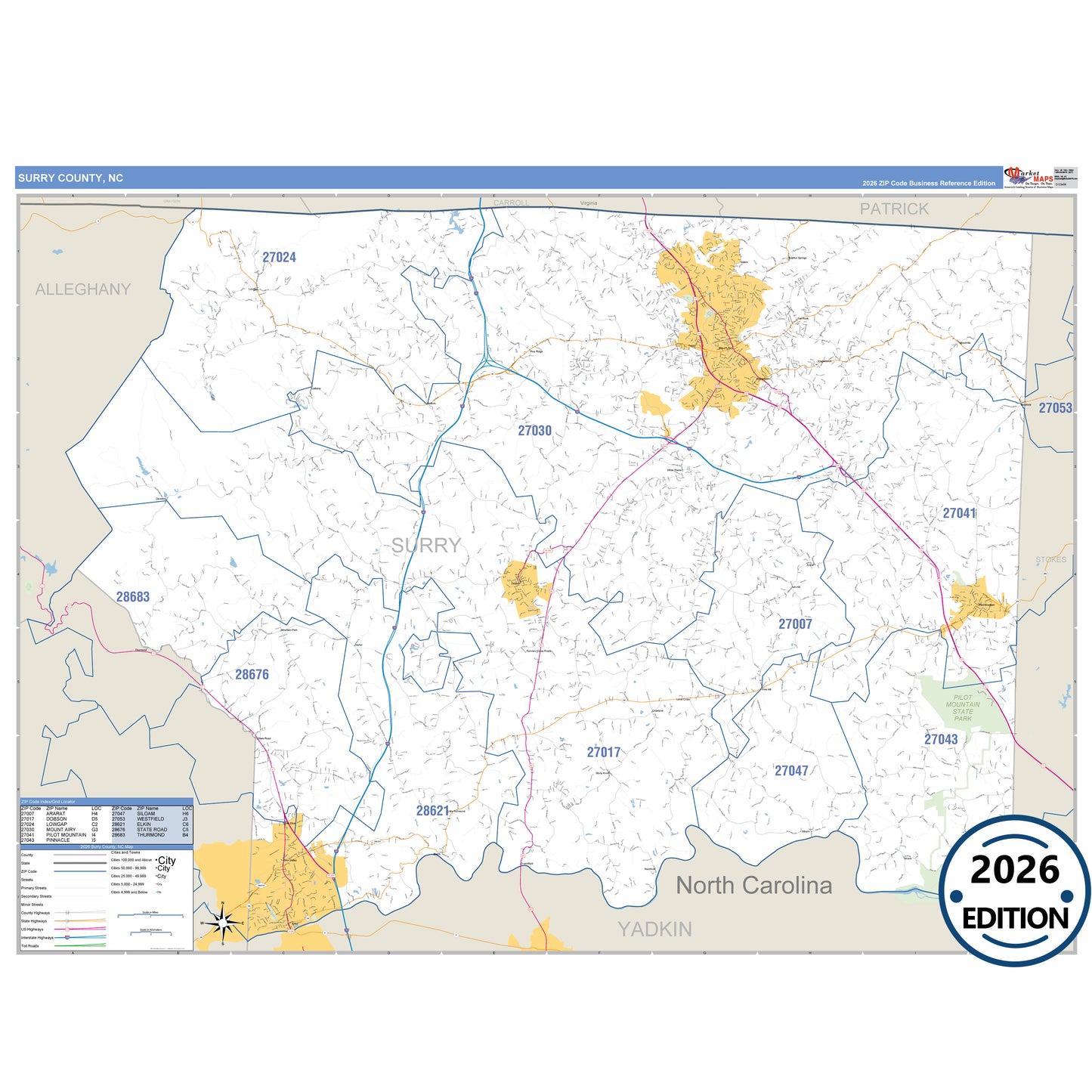Surry County, NC Business Reference 5 Digit ZIP Code Wall Map