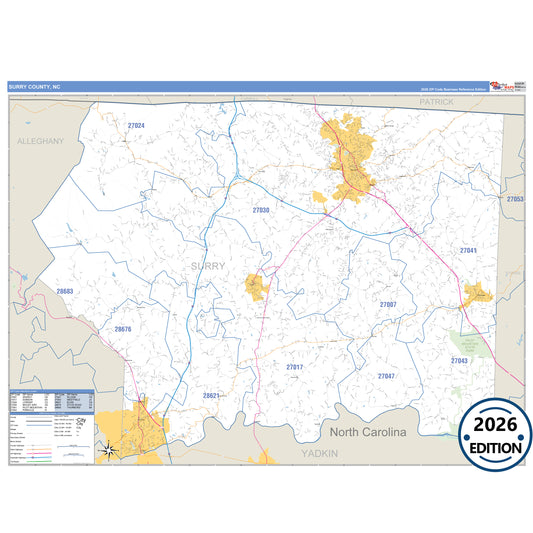 Surry County, NC Business Reference 5 Digit ZIP Code Wall Map