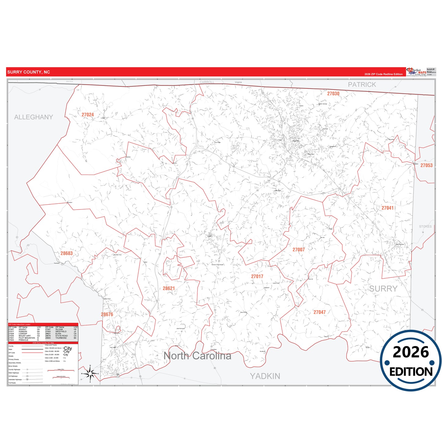 Surry County, NC Red Line 5 Digit ZIP Code Wall Map