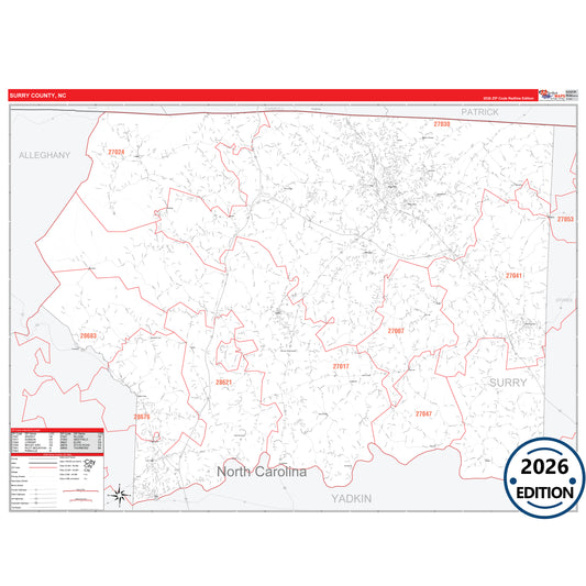 Surry County, NC Red Line 5 Digit ZIP Code Wall Map