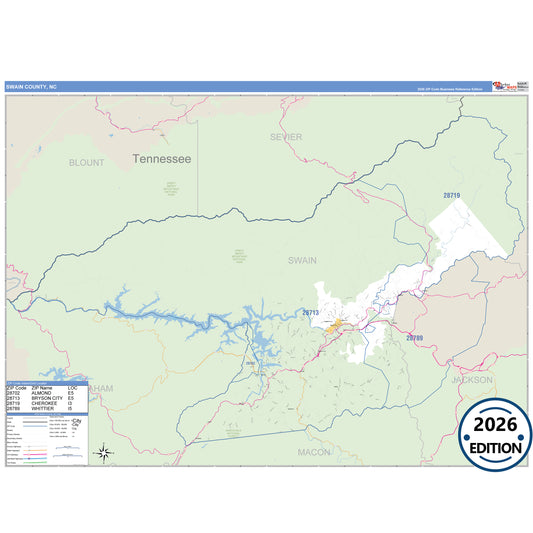 Swain County, NC Business Reference 5 Digit ZIP Code Wall Map