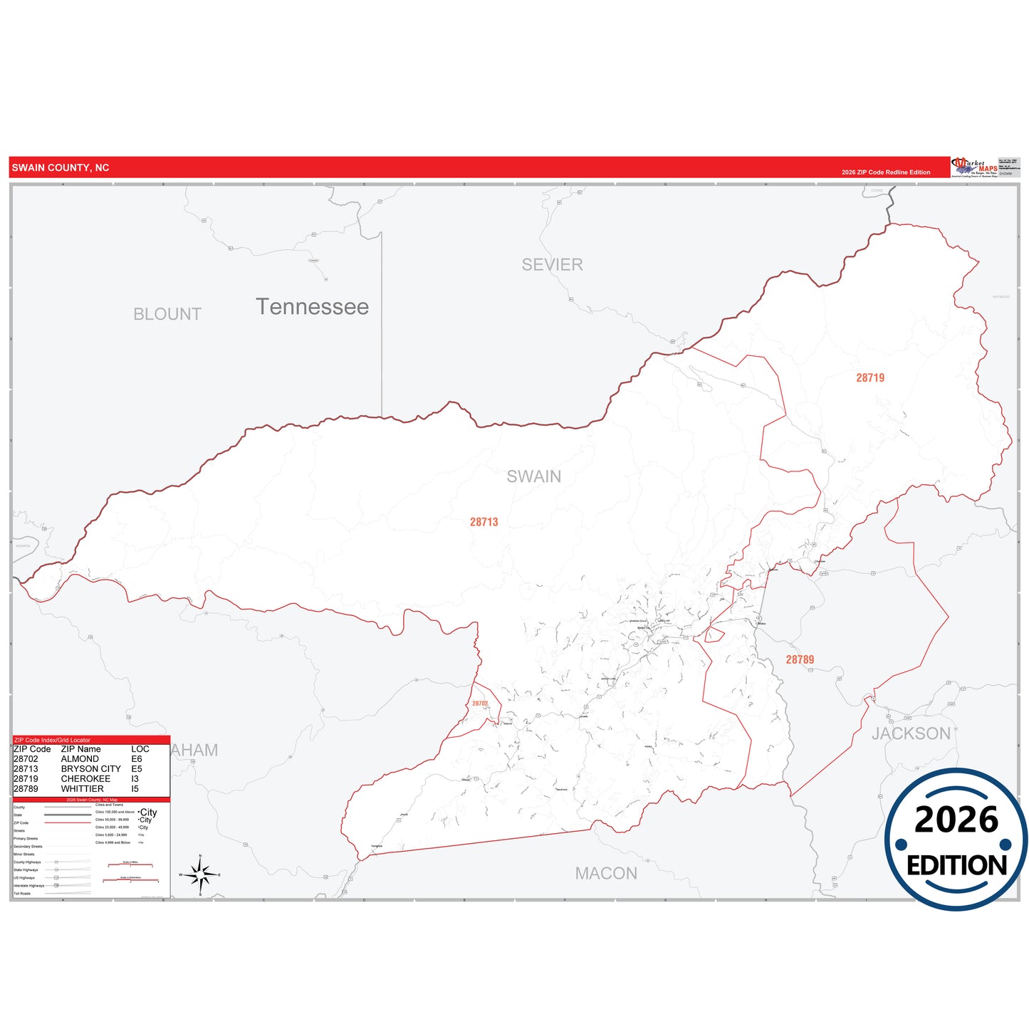 Swain County, NC Red Line 5 Digit ZIP Code Wall Map