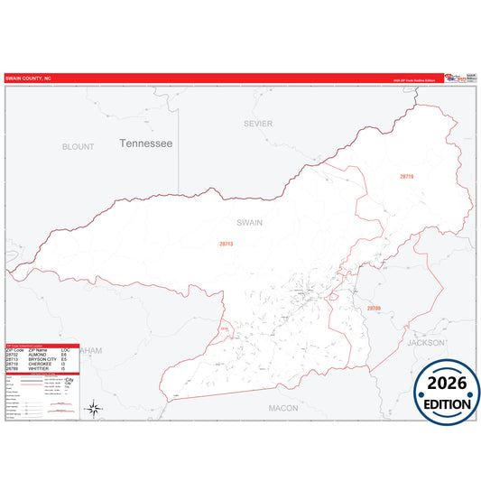 Swain County, NC Red Line 5 Digit ZIP Code Wall Map