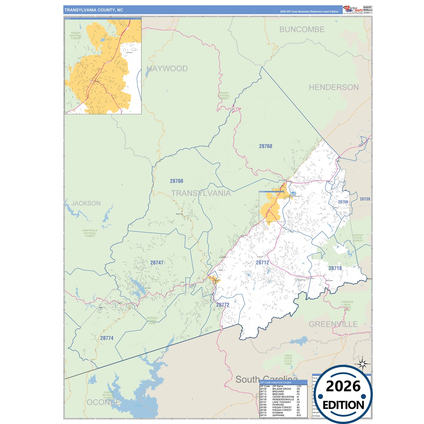 Transylvania County, NC Business Reference 5 Digit ZIP Code Wall Map