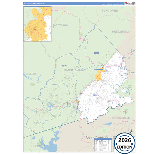 Transylvania County, NC Business Reference 5 Digit ZIP Code Wall Map