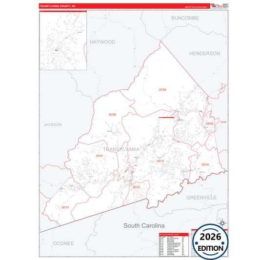 Transylvania County, NC Red Line 5 Digit ZIP Code Wall Map