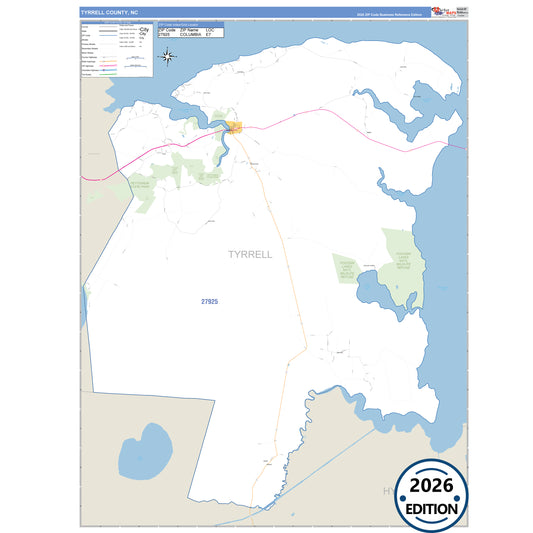 Tyrrell County, NC Business Reference 5 Digit ZIP Code Wall Map