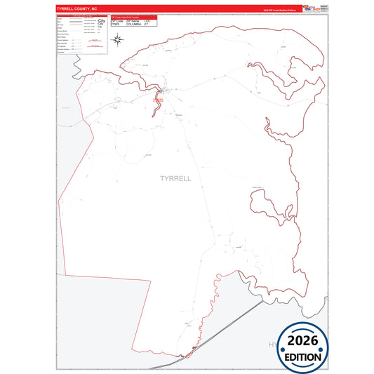 Tyrrell County, NC Red Line 5 Digit ZIP Code Wall Map