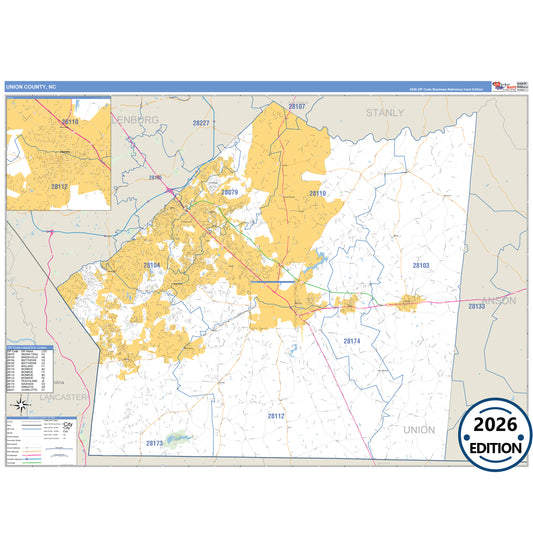 Union County, NC Business Reference 5 Digit ZIP Code Wall Map