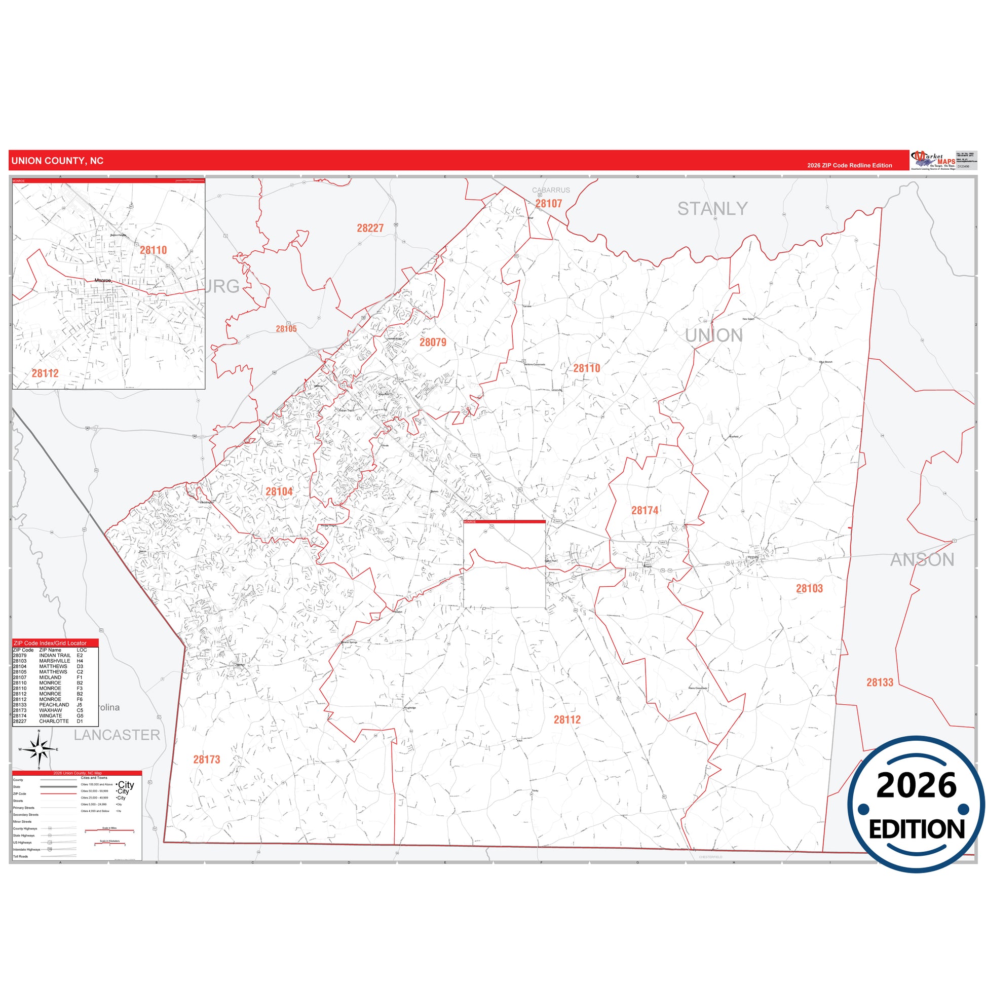 Union County, NC Red Line map with detailed roads, cities, and ZIP code boundaries.
