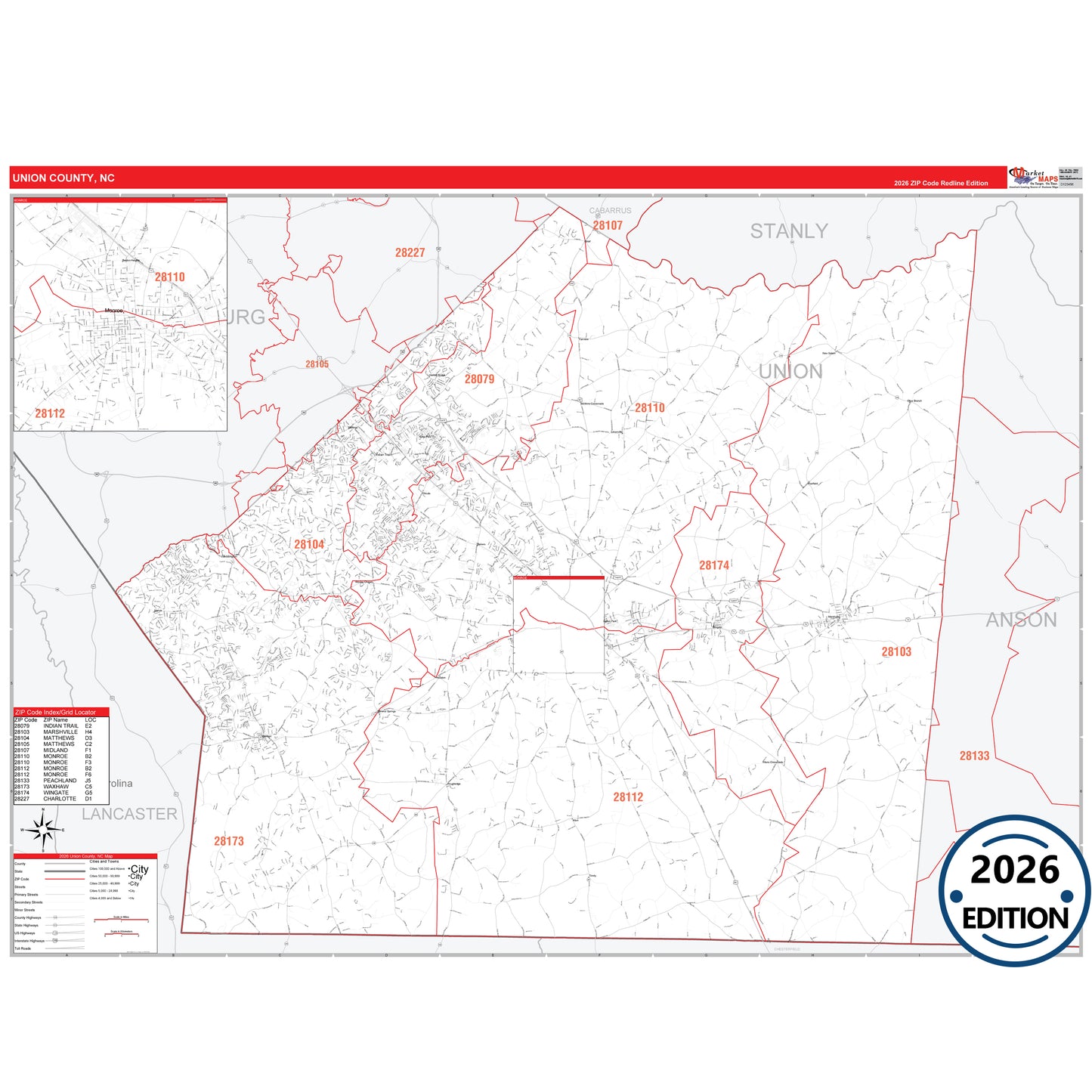 Union County, NC Red Line 5 Digit ZIP Code Wall Map