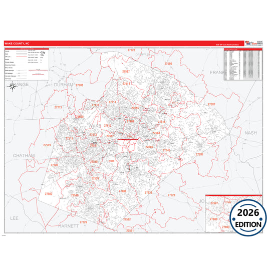 Wake County, NC Red Line 5 Digit ZIP Code Wall Map