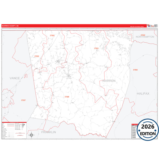 Warren County, NC Red Line 5 Digit ZIP Code Wall Map
