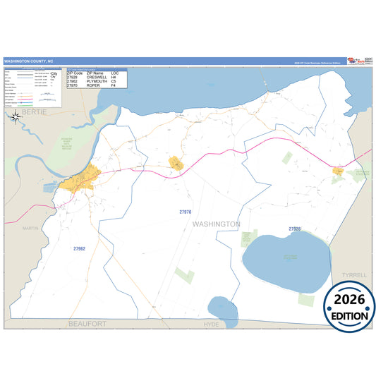 Washington County, NC Business Reference 5 Digit ZIP Code Wall Map